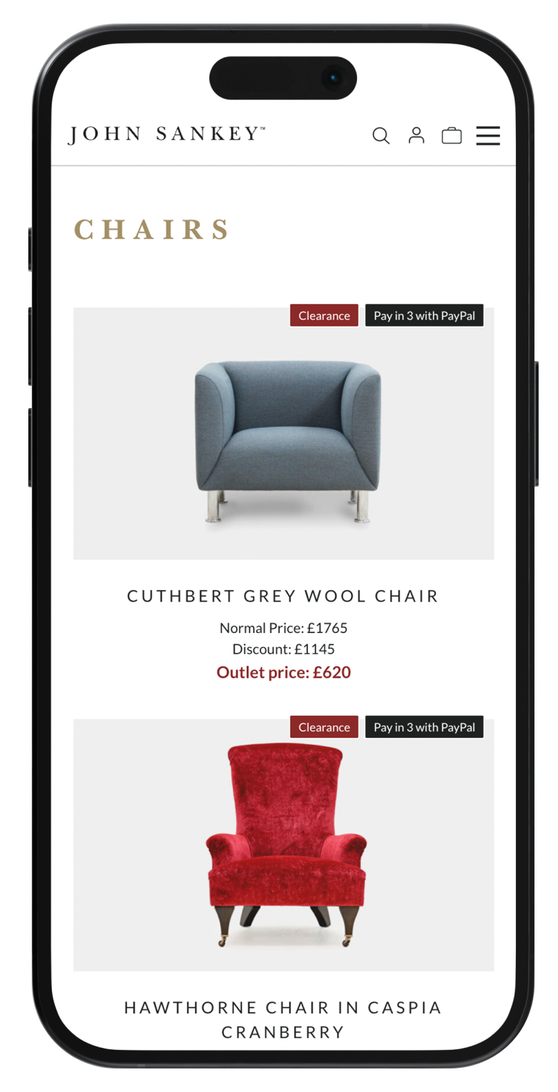 Furniture brand mobile website mockup