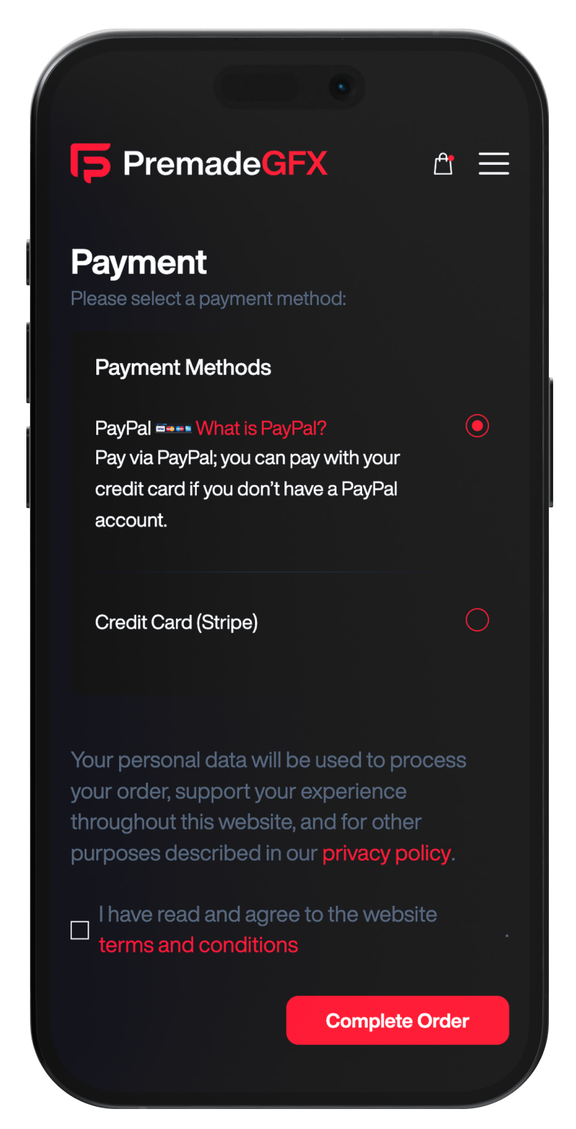 Payment option mobile website mockup