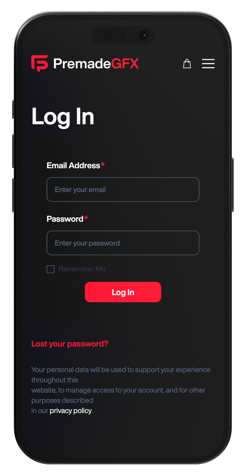 Log in screen mobile website mockup