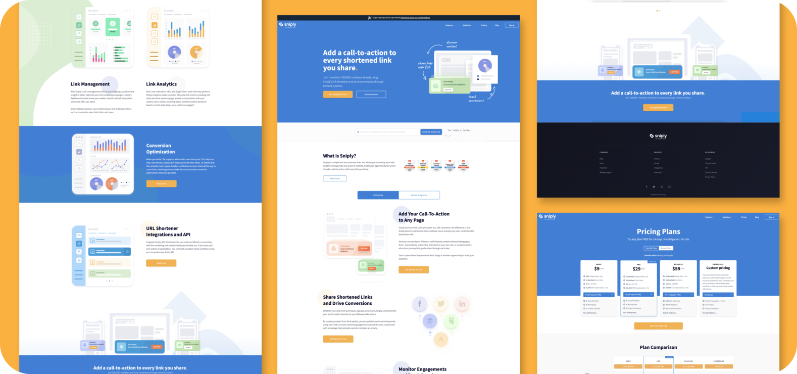Link-shortener platform desktop website mockups