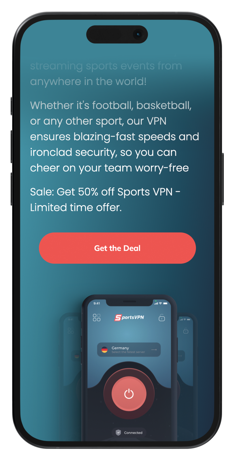 SportsVPN mobile website mockup