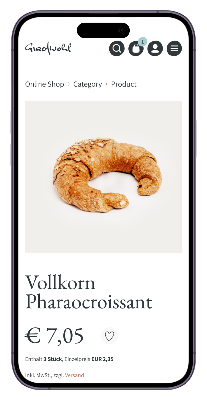 Product card mobile website mockup