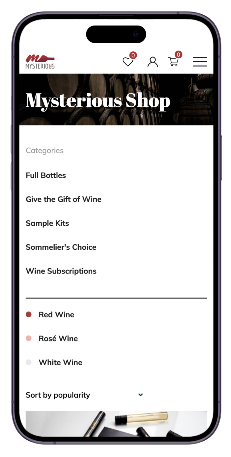 Mysterious Wines website menu mockup