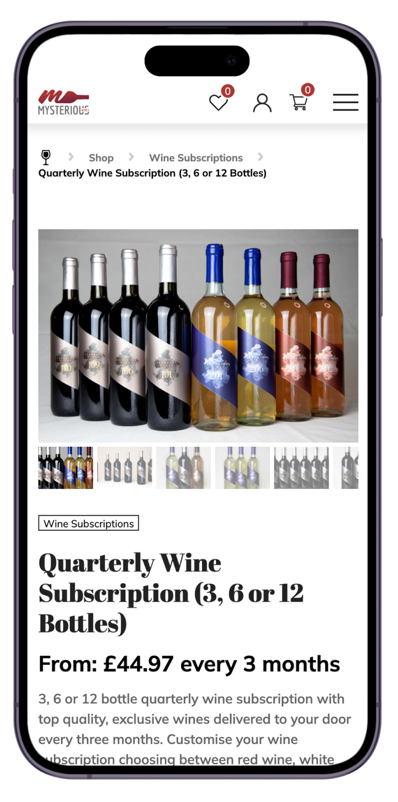 Wine shop mobile website mockup